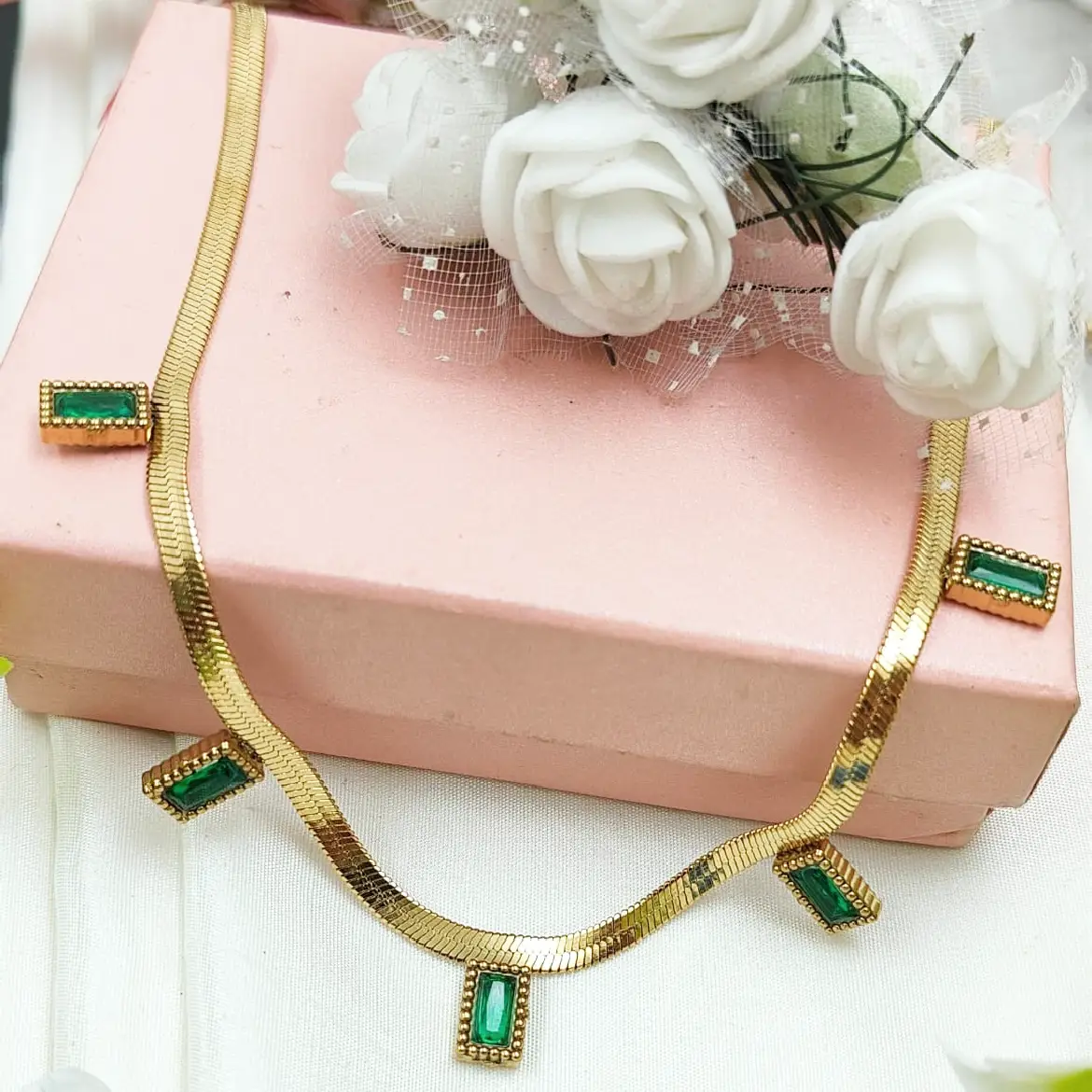 Green Emerald Stone Charms Necklace - Image 2