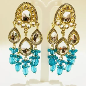 Three drop Kundan Earrings-Aqua