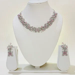 Pink Floral American Diamond Necklace Set