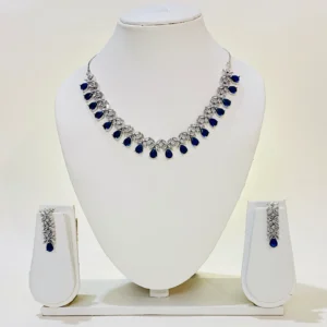 Blue American Diamond Necklace Set-Silver Polish