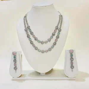 Pink+Mint American Diamond Necklace Set