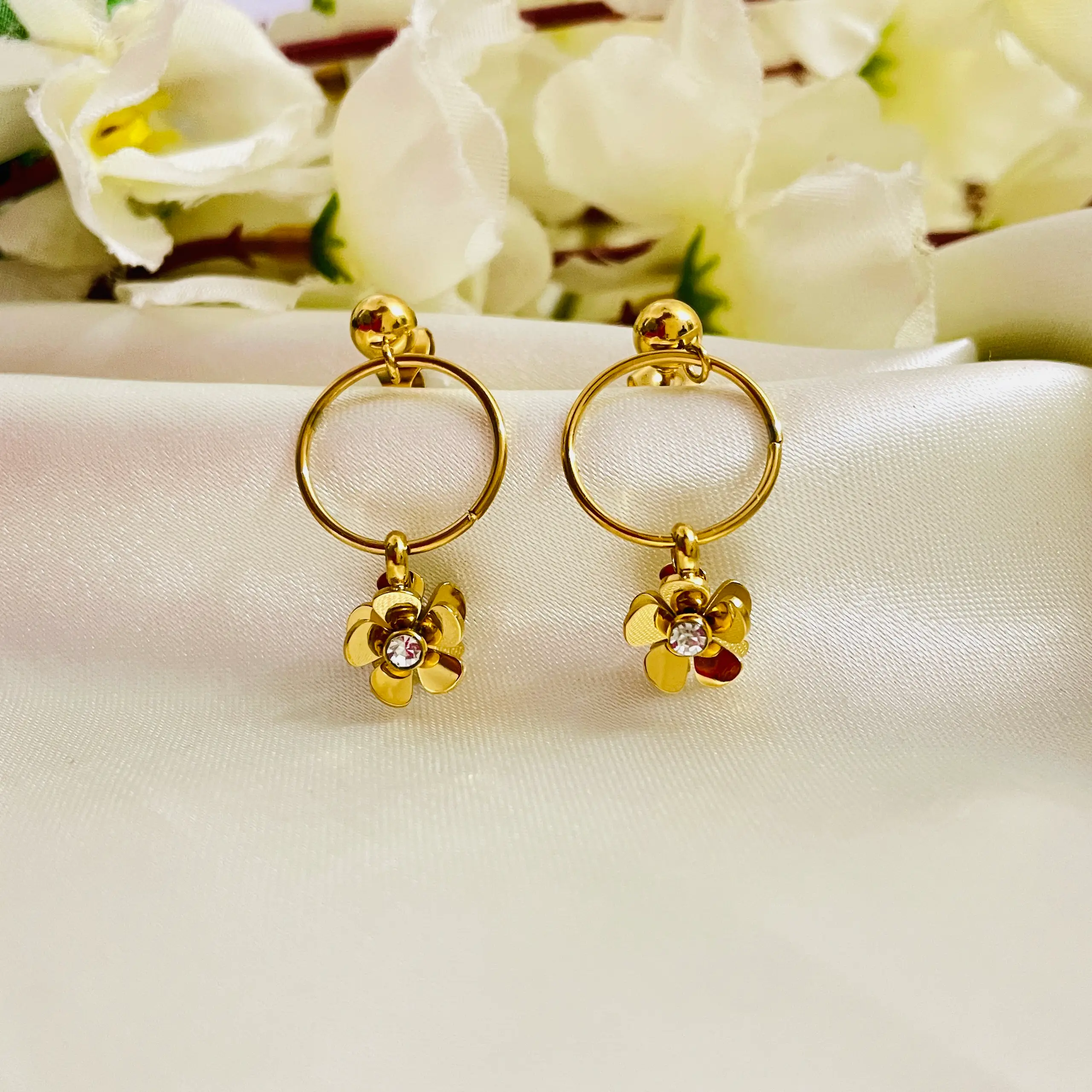 Flower on Ring Anti Tarnish Earrings